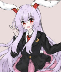 Rule 34 | 1girl, animal ears, black jacket, blazer, blush, breasts, brown background, buttons, collared jacket, collared shirt, commentary request, crescent, crescent pin, hair between eyes, hands up, highres, jacket, koharu66353343, light purple hair, long hair, long sleeves, looking to the side, low-tied long hair, medium breasts, necktie, open mouth, pink skirt, pointing, purple hair, rabbit ears, rabbit tail, red eyes, red necktie, reisen udongein inaba, shirt, sidelocks, simple background, skirt, smile, solo, standing, tail, touhou, white shirt