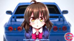 Rule 34 | 1girl, ahoge, blue jacket, blush, bow, bowtie, brown hair, car, collared shirt, commentary, english commentary, english text, gt-girl, jacket, looking at viewer, motor vehicle, nissan, nissan skyline, nissan skyline gt-r, nissan skyline r32, parted lips, pink bow, pink bowtie, sato hinata, school uniform, seireiart, shirt, short hair, simple background, solo, spoiler (automobile), sports car, tail lights, upper body, watermark, white background, white shirt, yellow eyes