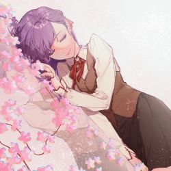 Rule 34 | 1girl, black skirt, brown vest, closed eyes, closed mouth, collared shirt, commentary, facing viewer, fate/stay night, fate (series), flower, hair ribbon, highres, homurahara academy school uniform, long hair, long sleeves, lying, matou sakura, neck ribbon, pink flower, pink ribbon, purple hair, qiuyun62303677, red ribbon, reflective floor, ribbon, school uniform, shirt, simple background, skirt, smile, solo, swept bangs, uniform, vest, white background, white shirt