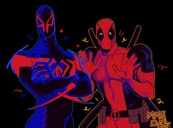 Rule 34 | 2boys, ^ ^, absurdres, belt, belt pouch, black background, black bodysuit, blue bodysuit, blue mask, bodysuit, closed eyes, commentary, crossed arms, deadpool, deadpool (series), english commentary, facing viewer, hands up, highres, male focus, marvel, mask, matios felis, multiple boys, pouch, red bodysuit, red mask, simple background, spider-man: across the spider-verse, spider-man (2099), spider-man (series), spider-verse, sword, two-tone bodysuit, upper body, weapon, weapon on back