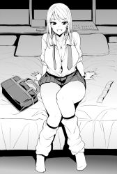 Rule 34 | 1girl, bed, breasts, character request, cleavage, greyscale, jewelry, large breasts, long hair, looking at viewer, monochrome, necklace, open mouth, original, school uniform, smile, solo, tamagoroo