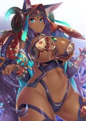 Rule 34 | 1girl, animal ears, blue eyes, blush, breasts, bridal gauntlets, cleavage, closed mouth, commentary request, dark-skinned female, dark skin, ears through headwear, eyeliner, fate/grand order, fate (series), forehead jewel, gem, gluteal fold, head chain, hood, horns, jackal ears, jewelry, large breasts, lips, long hair, looking at viewer, makeup, navel, purple hair, queen of sheba (fate), revealing clothes, smile, solo, very long hair, yuzutosen
