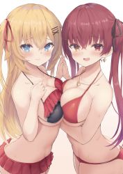 Rule 34 | 2girls, absurdres, akai haato, akai haato (hololive summer 2019), arm support, bikini, bikini skirt, blonde hair, blue eyes, blush, breast press, breasts, cleavage, earrings, frilled bikini, frills, hair ornament, hair ribbon, heart, heart earrings, heart necklace, heterochromia, highres, holding hands, hololive, houshou marine, houshou marine (summer), jewelry, large breasts, long hair, looking at viewer, multiple girls, necklace, nekohuman221 (tsun221), open mouth, red eyes, red hair, ribbon, smile, standing, swimsuit, symmetrical docking, twintails, virtual youtuber, x hair ornament, yellow eyes, yuri