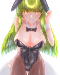 Rule 34 | 1girl, animal ears, black bow, black bowtie, black leotard, bow, bowtie, breasts, brown pantyhose, c.c., cleavage, code geass, commentary request, cowboy shot, detached collar, highres, large breasts, leotard, looking at viewer, pantyhose, playboy bunny, q (f72637285), rabbit ears, sitting, solo, split mouth, strapless, strapless leotard, wrist cuffs