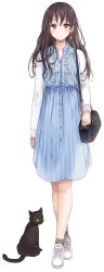 Rule 34 | 1girl, absurdres, bag, black cat, blue dress, blush, brown hair, cat, dress, earrings, expressionless, floral print, handbag, highres, jewelry, long hair, looking at viewer, original, red eyes, saya (mychristian2), shoes, socks, solo, striped clothes, striped dress, striped socks, vertical-striped clothes, vertical-striped dress, vertical-striped socks, white background, white footwear