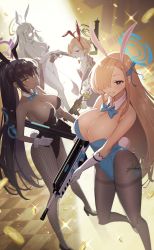 Rule 34 | 4girls, akane (blue archive), akane (bunny) (blue archive), alternate costume, animal ears, asuna (blue archive), asuna (bunny) (blue archive), backlighting, bare shoulders, black footwear, black leotard, black pantyhose, blonde hair, blue archive, blue bow, blue eyes, blue leotard, blue neckwear, blush, bolt action, bow, bowtie, breasts, bullpup, checkered floor, cleavage, closed mouth, coin, commentary request, curvy, dark-skinned female, dark skin, detached collar, dutch angle, elbow gloves, fake animal ears, fake tail, fishnet legwear, fishnets, fubuki (fakemonkey0224), glasses, gloves, gun, halo, high heels, highleg, highleg leotard, highres, holding, holding gun, holding weapon, indoors, karin (blue archive), karin (bunny) (blue archive), large breasts, leotard, long hair, mole, mole on breast, mole under eye, multiple girls, neru (blue archive), neru (bunny) (blue archive), official alternate costume, opaque glasses, pantyhose, parted lips, playboy bunny, rabbit ears, rabbit tail, red leotard, shiny clothes, shiny skin, signature, smile, sparkle, straight hair, strapless, strapless leotard, tail, thighband pantyhose, traditional bowtie, very long hair, weapon, white gloves, white legwear, white leotard, wide hips, wrist cuffs, yellow eyes