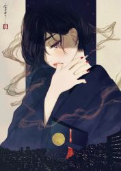 Rule 34 | 1girl, absurdres, black hair, blue kimono, cigarette, city, city lights, commentary, double exposure, earrings, finger to mouth, full moon, hair over one eye, half-closed eyes, highres, holding, holding cigarette, japanese clothes, jewelry, kimono, long sleeves, looking down, medibang paint (medium), mole, mole under eye, moon, nail polish, night, one eye covered, original, outside border, parted lips, purple eyes, red nails, seal impression, short hair, signature, sky, skyline, smoke, smoking, solo, star (sky), star (symbol), starry background, starry sky, surreal, tears, tokyo (city), tokyo tower, upper body, ushiyama ame