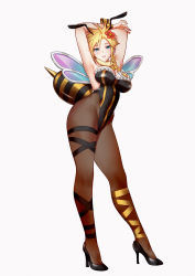 Rule 34 | 1girl, absurdres, armpits, arms behind head, arms up, arthropod girl, bare shoulders, bee costume, bee girl, blonde hair, blue eyes, braid, breasts, cloud strife, final fantasy, final fantasy vii, final fantasy vii remake, full body, gender request, genderswap, high heels, highleg, highleg leotard, highres, honey bee inn, insect girl, large breasts, leotard, looking at viewer, pantyhose, parted lips, simple background, solo, spiked hair, square enix, standing, tabobox, wings, wrist cuffs
