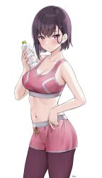 Rule 34 | 1girl, adjusting clothes, adjusting shorts, bare arms, bare shoulders, blush, bottle, breasts, cleavage, closed mouth, cowboy shot, crossed bangs, drawstring, expressionless, hair between eyes, hair ornament, hairclip, highres, holding, holding bottle, kaetzchen, large breasts, leggings under shorts, looking at viewer, midriff, mikazuki shizuka, navel, pink shorts, pink sports bra, purple eyes, short hair, shorts, simple background, solo, sports bra, sportswear, sweatdrop, water bottle, white background, zom 100: zombie ni naru made ni shitai 100 no koto