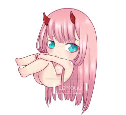 Rule 34 | 1girl, aqua eyes, armpits, arms on knees, artist name, ass, barefoot, breasts, chibi, closed mouth, collarbone, completely nude, darling in the franxx, deviantart username, feet, female focus, floating, happy, horns, knees together feet apart, legs, light smile, long hair, looking at viewer, medium breasts, neck, nude, pink hair, shiny skin, simple background, smile, thighs, v arms, very long hair, white background, zero two (darling in the franxx)