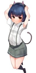 Rule 34 | 10s, 1girl, absurdres, adjusting clothes, adjusting headwear, animal ears, arare (kancolle), arched back, bad id, bad nicoseiga id, black hair, blouse, boruhis, brown eyes, cat ears, cat tail, chestnut mouth, fake animal ears, full body, hairband, highres, kantai collection, looking at viewer, miniskirt, school uniform, shirt, short hair, short sleeves, skirt, solo, suspenders, tail, white shirt