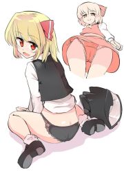 Rule 34 | 1girl, ass, blonde hair, bow, from below, hair bow, jpeg artifacts, lace, lace-trimmed panties, lace trim, lingerie, long sleeves, looking at viewer, looking back, looking down, multiple persona, open mouth, panties, puuakachan, red eyes, rumia, shirt, shoes, short hair, simple background, sitting, skirt, unworn skirt, smile, socks, spot color, touhou, underwear, vest, white background, white legwear