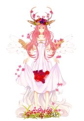Rule 34 | 1girl, absurdres, animal ears, barefoot, choker, closed mouth, commission, deer ears, dress, flower, full body, grass, head wreath, high heels, highres, long hair, looking at viewer, original, osiimi, pink flower, pink hair, purple flower, red eyes, red flower, simple background, skirt hold, smile, solo, standing, white background, white dress, wings, yellow choker