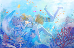 Rule 34 | 10s, 2girls, ahoge, angelfish, blue eyes, blue footwear, blush, bow, bowtie, braid, clenched hands, closed eyes, clownfish, coral, female focus, fish, freediving, frilled skirt, frills, fukutarou (enji127), full body, grey hair, hair bobbles, hair ornament, hands on another&#039;s cheeks, hands on another&#039;s face, holding breath, kiss, koi ni naritai aquarium, long sleeves, looking at another, love live!, love live! sunshine!!, midriff, multiple girls, navel, orange hair, shoes, short hair, side braid, skirt, striped bow, striped bowtie, striped clothes, striped neckwear, surgeonfish, surprised, swimming, takami chika, thighhighs, tiara, tropical fish, underwater, watanabe you, white legwear, yuri