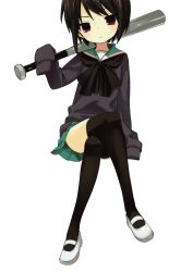 Rule 34 | 1girl, a channel, absurdres, baseball bat, black hair, black thighhighs, crossed legs, extraction, female focus, full body, highres, ichii tooru, red eyes, school uniform, shoes, short hair, sitting, skirt, sleeves past fingers, sleeves past wrists, solo, sweater, thighhighs, transparent background