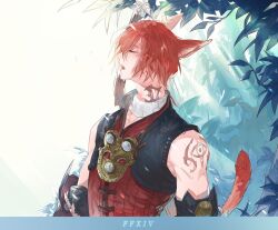 Rule 34 | 1boy, black vest, cat tail, closed eyes, closed mouth, final fantasy, final fantasy xiv, from side, g&#039;raha tia, highres, jacket, male focus, open mouth, profile, red eyes, red hair, red jacket, shoulder tattoo, tail, tattoo, tladpwl03, upper body, vest