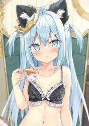 Rule 34 | 1girl, animal ear fluff, animal ears, bare arms, bare shoulders, black bra, blue eyes, blue hair, blue nails, blush, bra, breasts, cat ears, collarbone, commentary, cup, hair between eyes, holding, holding cup, indoors, nail polish, navel, original, parted lips, saeki sora, small breasts, solo, symbol-only commentary, teacup, tilted headwear, two side up, underwear, upper body