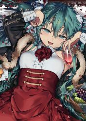 Rule 34 | 1girl, :d, alcohol, aqua eyes, armpits, arms up, ascot, basket, black jacket, breasts, center frills, collared shirt, cup, drinking glass, earrings, food, french text, frills, fruit, grapes, half-closed eyes, hatsune miku, high-waist skirt, highres, jacket, jewelry, kirisaki shuusei, long hair, long sleeves, looking at viewer, lying, nail polish, on back, open clothes, open jacket, open mouth, petals, red ascot, red nails, red skirt, shirt, skirt, small breasts, smile, solo, song name, twintails, very long hair, vocaloid, white shirt, wine, wine glass