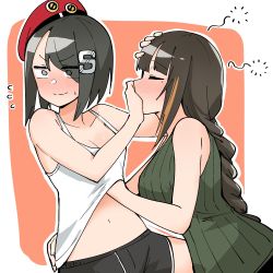 Rule 34 | 2girls, alternate costume, beret, black hair, blush, braid, breasts, closed eyes, commentary, drunk, female commander (girls&#039; frontline), girls&#039; frontline, hand on another&#039;s face, hand on another&#039;s head, hand on another&#039;s hip, hand under clothes, hat, highres, junsuina fujunbutsu, large breasts, long hair, looking away, m16a1 (girls&#039; frontline), medium breasts, mole, mole under eye, multiple girls, pushing away, rejected kiss, short hair, short shorts, shorts, single braid, sleeveless, squeans, sweat, tank top, yuri