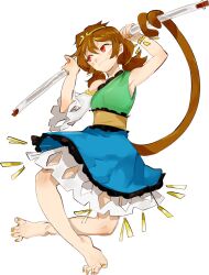 Rule 34 | 1girl, barefoot, blue dress, brown hair, chamaruk, circlet, closed mouth, detached sleeves, dress, green dress, hair between eyes, highres, long hair, low twintails, monkey tail, multicolored clothes, multicolored dress, red eyes, ruyi jingu bang, simple background, single detached sleeve, smile, solo, son biten, tail, touhou, twintails, white background, white sleeves, yellow dress