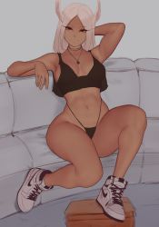 Rule 34 | 1girl, absurdres, animal ears, arms behind head, boku no hero academia, breasts, couch, crop top, curvy, dark-skinned female, dark skin, female focus, highres, jewelry, long hair, looking at viewer, medium breasts, mirko, navel, necklace, nike (company), rabbit ears, rabbit girl, red eyes, shoes, sitting, smile, sneakers, solo, stomach, thick thighs, thighs, thong, white hair, wide hips, zaki (zaki btw)