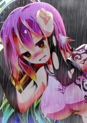 Rule 34 | + +, 1girl, absurdres, arms up, bare shoulders, blue hair, blush, breasts, bridal gauntlets, clenched hands, cloud, cloudy sky, commentary request, cropped shirt, crying, crying with eyes open, gradient eyes, gradient hair, green hair, hair between eyes, halo, highres, jibril (no game no life), large breasts, long hair, magic circle, midriff, mii aki, multicolored eyes, multicolored hair, navel, no game no life, open mouth, orange hair, pink hair, pink shirt, rain, rainbow hair, shirt, shoulder tattoo, sidelocks, sky, sleeveless, sleeveless shirt, solo, tattoo, tears, upper body, very long hair, wet, wet clothes, wet shirt, wing ears, yellow eyes