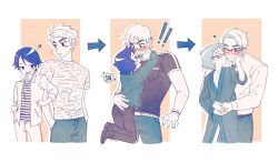 Rule 34 | 2boys, ?, age progression, belt, blush, closed eyes, closed mouth, collared shirt, couple, eujeen413, glasses, headband, highres, hug, hug from behind, looking at another, male focus, multiple boys, necktie, one eye closed, open clothes, open shirt, pants, scott pilgrim (series), scott pilgrim takes off, shirt, short hair, todd ingram, twitter username, wallace wells, wristband, yaoi