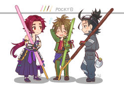 Rule 34 | 10s, 3boys, black eyes, black hair, brown hair, closed eyes, food, food on face, goggles, goggles on head, japanese clothes, male focus, multiple boys, nightcat, nihongou (touken ranbu), otegine, oversized object, pocky, pocky day, ponytail, red eyes, red hair, smile, tonbokiri (touken ranbu), touken ranbu