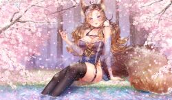 Rule 34 | 1girl, ahoge, animal ears, artist name, bare shoulders, bird, black thighhighs, blush, breasts, brown hair, cherry blossoms, chick, cleavage, collarbone, fingernails, flower, fox ears, fox tail, grey flower, hair flower, hair ornament, hand up, heart, heart ahoge, highres, large breasts, long hair, long sleeves, nail polish, original, outdoors, puppypaww, red nails, sharp fingernails, sitting, snow, solo, tail, thighhighs, tree, wading, water, watermark