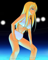 Rule 34 | 00s, 1girl, a1 (initial-g), bikini, blonde hair, blue eyes, clenched teeth, covered erect nipples, hand on thigh, highres, kaleido star, layla hamilton, long hair, one eye closed, solo, standing, swimsuit, teeth, wading, water, white bikini, wince, wink