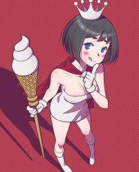 Rule 34 | 1girl, :q, andrian januar adilia, areola slip, black hair, blue eyes, blush stickers, boots, breasts, cape, cleavage, commentary, crown, food, gloves, highres, holding, humanization, ice cream, indonesian commentary, knee boots, large breasts, looking at viewer, mixue, red background, red cape, shadow, solo, thick eyebrows, tongue, tongue out, towel, white footwear, white gloves, white towel