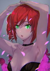 Rule 34 | 1girl, amy sorel, armpits, arms up, ashiomi masato, bare shoulders, black choker, blush stickers, breasts, choker, collarbone, commentary request, drill hair, glowing, glowing eyes, green eyes, looking at viewer, plunging neckline, red hair, short twintails, small breasts, solo, soul calibur, soulcalibur vi, twin drills, twintails