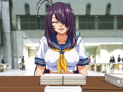 Rule 34 | 00s, 1girl, antenna hair, breasts, covered erect nipples, closed eyes, hair over one eye, happy, ikkitousen, kan&#039;u unchou, large breasts, long hair, open mouth, purple hair, school uniform, sitting, smile, table, yabusame