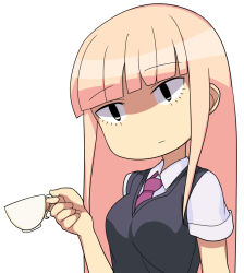Rule 34 | 1girl, black eyes, black vest, blunt bangs, breasts, closed mouth, collared shirt, commentary request, cup, expressionless, hime cut, holding, holding cup, hospital king, katou asuka, long hair, looking at viewer, medium bangs, medium breasts, necktie, pink hair, purple necktie, shaded face, shirt, short sleeves, sidelocks, simple background, solo, teacup, upper body, vest, watashi ga motenai no wa dou kangaetemo omaera ga warui!, white background, white shirt