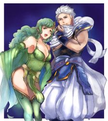 Rule 34 | 1boy, 1girl, bare shoulders, breasts, cleavage, closed mouth, dated, detached sleeves, earrings, edward geraldine, final fantasy, final fantasy iv, green hair, green leotard, hair ornament, highres, jewelry, leotard, long hair, looking at viewer, odendazo, aged up, open mouth, rydia (ff4), smile, thighhighs