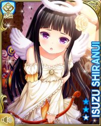 Rule 34 | 1girl, :o, angel wings, black hair, card (medium), character name, costume, cupid, day, dress, earrings, girlfriend (kari), halo, jewelry, official art, open mouth, outdoors, purple eyes, qp:flapper, shiranui isuzu, tagme, thighhighs, white dress, white thighhighs, wings