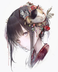 Rule 34 | 1girl, absurdres, arrow (projectile), bell, brown hair, bubble, cat hair ornament, female focus, grey eyes, hair ornament, head only, highres, hito komoru, japanese clothes, kimono, long hair, original, pale skin, parted lips, rabbit, simple background, solo, white background
