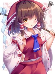 Rule 34 | 1girl, ascot, bare shoulders, blue ascot, blush, border, bow, breasts, brown eyes, brown hair, collared vest, commentary request, detached sleeves, frilled bow, frilled hair tubes, frills, gohei, hair tubes, hakurei reimu, hand on own hip, highres, holding, one eye closed, open mouth, red bow, red skirt, red vest, ribbon-trimmed sleeves, ribbon trim, sidelocks, skirt, small breasts, solo, touhou, unory, upper body, vest, white border, white sleeves, wide sleeves