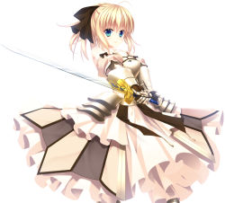 Rule 34 | 1girl, ahoge, armor, artoria pendragon (fate), bare shoulders, blonde hair, bow, caliburn (fate), capcom, detached sleeves, dress, excalibur (fate/stay night), fate/stay night, fate/unlimited codes, fate (series), gauntlets, hair bow, hatori piyoko, ponytail, saber (fate), saber lily, solo, sword, weapon