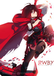 Rule 34 | 1girl, black hair, black thighhighs, boots, breasts, cape, copyright name, corset, cross-laced footwear, gradient hair, grey eyes, knee boots, lace-up boots, medium breasts, multicolored hair, petals, red cape, red hair, rose petals, ruby rose, rwby, sakon04, scythe, short hair, skirt, solo, thighhighs, weapon, zettai ryouiki