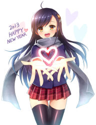 Rule 34 | 10s, 1girl, 2013, ahoge, black hair, black thighhighs, blush, hair ornament, happy new year, heart, long hair, looking at viewer, mauve, new year, open mouth, original, outstretched hand, plaid, plaid skirt, pleated skirt, scarf, skirt, solo, thighhighs, yellow eyes, zettai ryouiki
