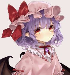 Rule 34 | 1girl, arm ribbon, bad id, bad twitter id, bat wings, blush, bow, breasts, brooch, commentary request, dress, frills, grey background, hair between eyes, hat, hat bow, highres, jewelry, light purple hair, mob cap, neck ribbon, pink dress, pink hat, pointy ears, puffy short sleeves, puffy sleeves, red bow, red eyes, red ribbon, remilia scarlet, ribbon, short hair, short sleeves, simple background, small breasts, solo, touhou, upper body, wings, yedan999