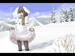 Rule 34 | 1girl, alternate costume, animal ears, black pantyhose, breath, brown eyes, brown hair, female focus, gloves, inaba tewi, letterboxed, md5 mismatch, pantyhose, rabbit ears, scarf, skirt hold, snow, solo, takuzui, touhou