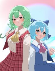Rule 34 | 2girls, :d, absurdres, ascot, blue ascot, blue bow, blue eyes, blue hair, blue skirt, blue vest, bow, cirno, collared shirt, detached wings, gradient background, green hair, hair bow, highres, ice, ice wings, kazami yuuka, looking at viewer, mikan (manmarumikan), multiple girls, open mouth, plaid, plaid vest, red eyes, red skirt, red vest, shirt, short hair, skirt, smile, touhou, vest, white shirt, wings, yellow ascot