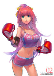 Rule 34 | 1girl, blue eyes, bow, boxing gloves, boxing shorts, breasts, crop top, face, gradient hair, hair bow, krenz, long hair, midriff, multicolored hair, navel, open mouth, original, pink eyes, purple hair, shirt, shorts, solo, taut clothes, taut shirt, very long hair