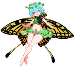 Rule 34 | 1girl, :d, barefoot, blue hair, butterfly wings, eternity larva, full body, highres, insect wings, midriff, navel, open mouth, pandain, panties, short hair, simple background, skirt, sleeveless, smile, solo, teeth, touhou, underwear, white background, white panties, wings, yellow eyes