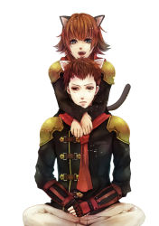 Rule 34 | 1boy, 1girl, animal ears, brown hair, cat ears, cat tail, cater (fft-0), eight (fft-0), final fantasy, final fantasy type-0, fingerless gloves, gloves, green eyes, open mouth, orange eyes, sakuyu, simple background, sitting, tail, teeth, white background