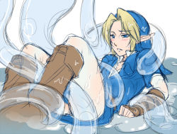 Rule 34 | 1boy, artist request, blonde hair, blue eyes, blue tunic, blush, boots, brown footwear, brown gloves, collared shirt, fingerless gloves, gloves, hat, link, male focus, monster, morpha, nintendo, parted bangs, pointy ears, rape, restrained, shirt, simple background, slime on male, solo, tagme, tentacles, tentacles on male, the legend of zelda, the legend of zelda: ocarina of time, tunic, wet, wet clothes, white background, white shirt