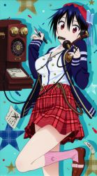 Rule 34 | 10s, 1girl, absurdres, antique phone, blazer, blue hair, bow, breasts, cable, casual, cleavage, cradling phone, hair bow, hat, highres, jacket, large breasts, long sleeves, mole, mole under eye, mouth hold, nib pen (object), nisekoi, notepad, official art, pen, phone, plaid, plaid skirt, red eyes, rotary phone, scan, skirt, socks, suspenders, tsugumi seishirou