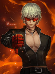 Rule 34 | 1boy, biker clothes, cross, dark-skinned male, dark skin, fingerless gloves, fire, gloves, highres, jacket, jewelry, k&#039; (kof), male focus, necklace, pectorals, red gloves, short hair, snk, solo, sunglasses, the king of fighters, white hair, xiaoguimist